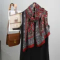 Nuevo pañuelo largo de lino con estampado de cachemira Yunnan chal floral elegante - Rojo