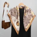 Lujo vintage estampado botánico cuadrado pañuelo de seda 90cm elegante chal de mujer - Caqui
