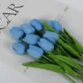 Blue artificial tulips bouquet, PU touch fake flowers for home decoration and wedding party. - 35cm / Light Blue