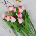 Artificial PU Tulip Flower Bouquet Pink White Fake Flowers Home Wedding Party Decoration - 35cm / White with Rose Red