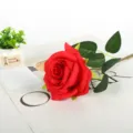 Artificial red rose flower single stem with green leaves for home wedding party decoration. - Red