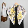 French floral silk satin square scarf 90cm elegant shawl wrap for women daily use. - White