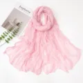 Pink crinkled bali yarn scarf, solid color lightweight sun protection shawl variant. - Pink