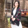 Bufanda bordada bohemia de lino y algodón, chal floral estilo Nepal para mujer viaje protección solar. - Negro