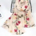 Beige floral embroidered linen scarf, ethnic style boho cotton shawl variant for women. - Beige