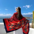 Bufanda de playa de algodón y lino con estampado étnico retro rojo chal de sol versátil junto al mar - Estilo étnico con cachemir grande en azul marino / 180cm