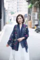 Bohemian floral embroidered cotton linen scarf for women, stylish travel sun protection wrap. - Navy Blue