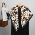 French style satin square scarf 90cm elegant floral print neckerchief for women fashion - Black Brown