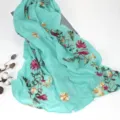 Bohemian embroidered floral cotton linen scarf mint green women sun protection shawl - Aqua Green