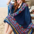 Verano retro estampado étnico toalla playa mujer chal pañuelo azul oscuro algodón lino capa - Estilo étnico en azul marino con patrón de borde verde / 180cm