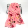 Women bohemian floral embroidered cotton linen scarf shawl for travel sun protection. - Pink