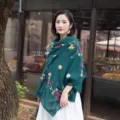 Bohemian embroidered cotton linen scarf women ethnic floral shawl travel sun protection - Dark Green