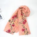 Bohemian floral embroidered cotton linen scarf women ethnic style shawl sun protection wrap. - Apricot Pink