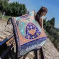 Women vintage ethnic print square scarf, cotton linen beach towel shawl summer wrap. - Ethnic Style Large Circles with Black Edges / 180cm