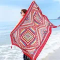 Summer vintage ethnic print beach towel shawl, breathable cotton linen sun protection scarf. - Ethnic Style Small Checkers in Red / 180cm