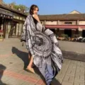 Ethnic style printed cotton linen beach towel, vintage black and white shawl for women summer - Ethnic Style Cicada Patterns / 180cm