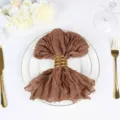 Elegant brown crinkle gauze cheesecloth napkin with a decorative gold spiral metal napkin ring - 50x50cm / Khaki no. 72