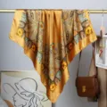 Elegant 90cm square satin scarf featuring vintage golden paisley floral prints for women - 90x90cm / Yellow