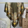 Vintage olive green paisley print satin square scarf, elegant 90cm head wrap for women - 90x90cm / Dark Green