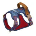 Vintage denim dog harness with breathable red mesh lining and sturdy brown straps - XS / Deep Blue - Ship