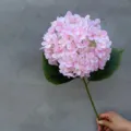 Lifelike artificial pink hydrangea flower with long green stem and realistic leaves - 3D Printed Style / 216 Patches / Deep Pink