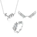 Elegantes 925 Sterling Silber Blattschmuck Set mit Halskette Ohrringen und offenem Ring - Dreiteiliges Set / Weißgold