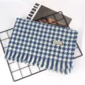 Classic blue and white houndstooth faux cashmere scarf for women with fringe detail - 70*190cm / Denim Blue Houndstooth