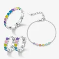 925 Sterling Silber Schmuckset mit bunten Macaron Herz Emaille Ring Ohrringen und Armband - Herz Emaille Set / Ring Innendurchmesser 16mm