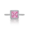 Elegante anillo de plata 925 con una piedra rosa cuadrada y diamantes pavé estilo halo - Talla 5 / Estilo 11