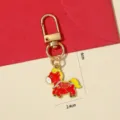 Red Chinese zodiac horse keychain with gold hardware and dimension markers 6cm x 2.4cm - Horse with Fortune (Red) / Red