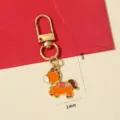 Cute Chinese zodiac horse enamel keychain with golden metal clasp and dimensions shown - Horse with Fortune (Orange) / Orange