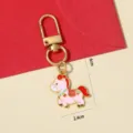 Cute pink Chinese zodiac horse metal keychain featuring a festive red saddle and dimensions - Horse with Fortune (Pink) / Pink