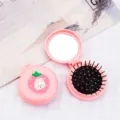 Cute pink strawberry and bunny design portable round hairbrush with built-in makeup mirror - Pink Box - Strawberry Bunny / Cartoon Folding Hairbrush