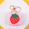 Cute pink square silicone coin purse with 3D red strawberry design and gold keychain - Pink Strawberry