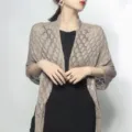Elegant taupe knitted ice silk shawl featuring a detailed honeycomb openwork pattern - Tops / 60-80cm / Coffee