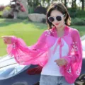 Detailed macro view of pink sun protection shawl featuring delicate white floral embroidery patterns - 170*70cm / Rose Red