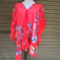 Detailed view of the red butterfly print shawl on a professional mannequin stand. - 160cm / Red (Butterfly Print)