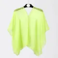 Detailed macro view of sheer neon green chiffon beach cover-up featuring delicate button closure - Tops / 155cm / Tender Green