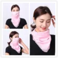 Detail showing pink chiffon UV protection neck gaiter worn from different angles - No. 4 (Pink Lace Polka Dots)