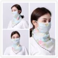 Breathable summer chiffon sun protection mask and neck scarf with floral print for ladies - No. 6 (Blue Bottom Pink Rose)