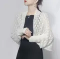 Elegant white honeycomb knit shrug shawl for women styled over a chic black dress - Tops / 60-80cm / White