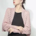Detailed view showing the honeycomb knit texture of this elegant pink shrug shawl - Tops / 60-80cm / Pink