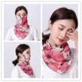 Detail views showing different wearing styles of the floral chiffon sun protection scarf - No. 10 (Red Black Pink Floral)
