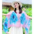 Elegant summer pink shawl with blue floral print and pearl detail for sun protection. - Tops / Peony Pink