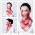 Multiple views of a red plaid chiffon sun protection mask showing neck gaiter details - No. 13 (Classic Red White Plaid)