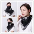 Detail shot of black floral chiffon sun protection mask for women with neck guard - No. 18 (Black Bottom White Floral)