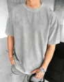 T-shirt da uomo grigia oversize a maniche corte con trama a coste e scollo rotondo - Taglia S / Top / Grigio