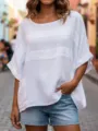 Top estivo casual in lino bianco a vestibilità ampia con strisce orizzontali e girocollo - Taglia S / Top / Bianco