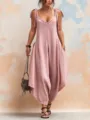 Detailed view of women's pink v-neck jumpsuit featuring a loose fit and elegant shoulder ties - S / Set / Pink