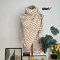 Elegant khaki houndstooth pattern cashmere-like winter scarf displayed on a wire mannequin. - Khaki Houndstooth / 180*70